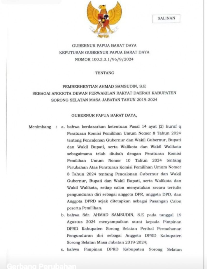 Pertanyakan II Anggota DPRD Sorong Selatan Calon Kepala Daerah Dan Wakil Kepala Daerah Yang  Tidak Menggundurkan Diri.